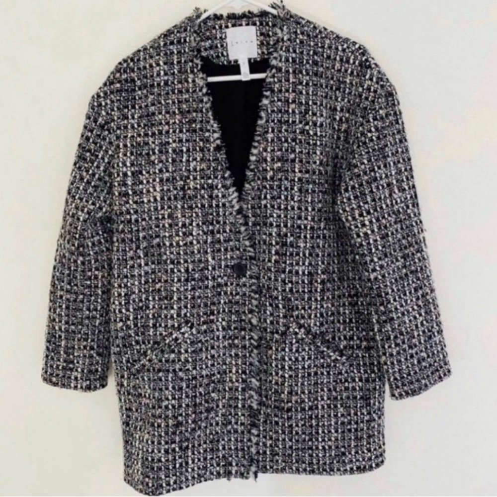 Leith Black Metallic Tweed Fringe Oversized Pea Coat Small - Picture 2 of 4
